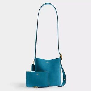 Coach Bleecker Bucket Bag 21 & Wristlet Pouch in Dark Brass/Sea Blue Suede NWT